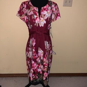 Adrianna Papell Burgundy Floral Midi Dress with Pink & White Blooms